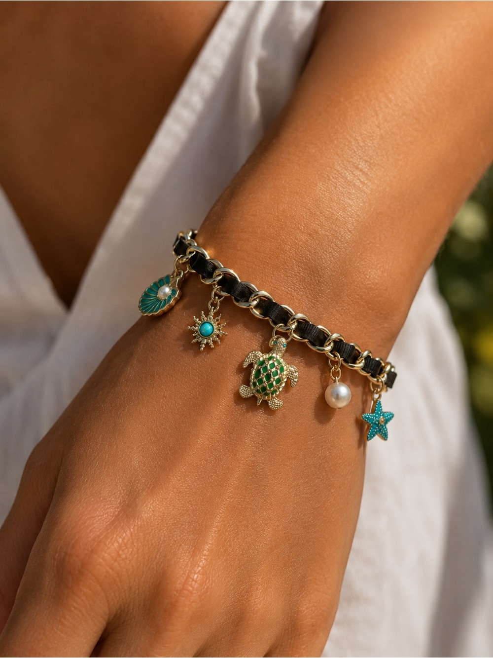 Betsy Johnson Gold Tone Bracelet with Green Turtle and Beach Charms
